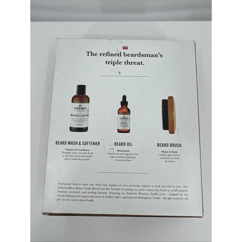 Cremo Mens Beard Grooming 3-PC Kit Wash/Softener-Oil-Brush Bourbon Vanilla Scent